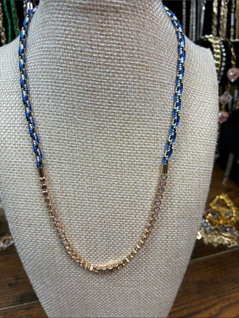 Blue and Gold Tennis and Braided Chain Necklace